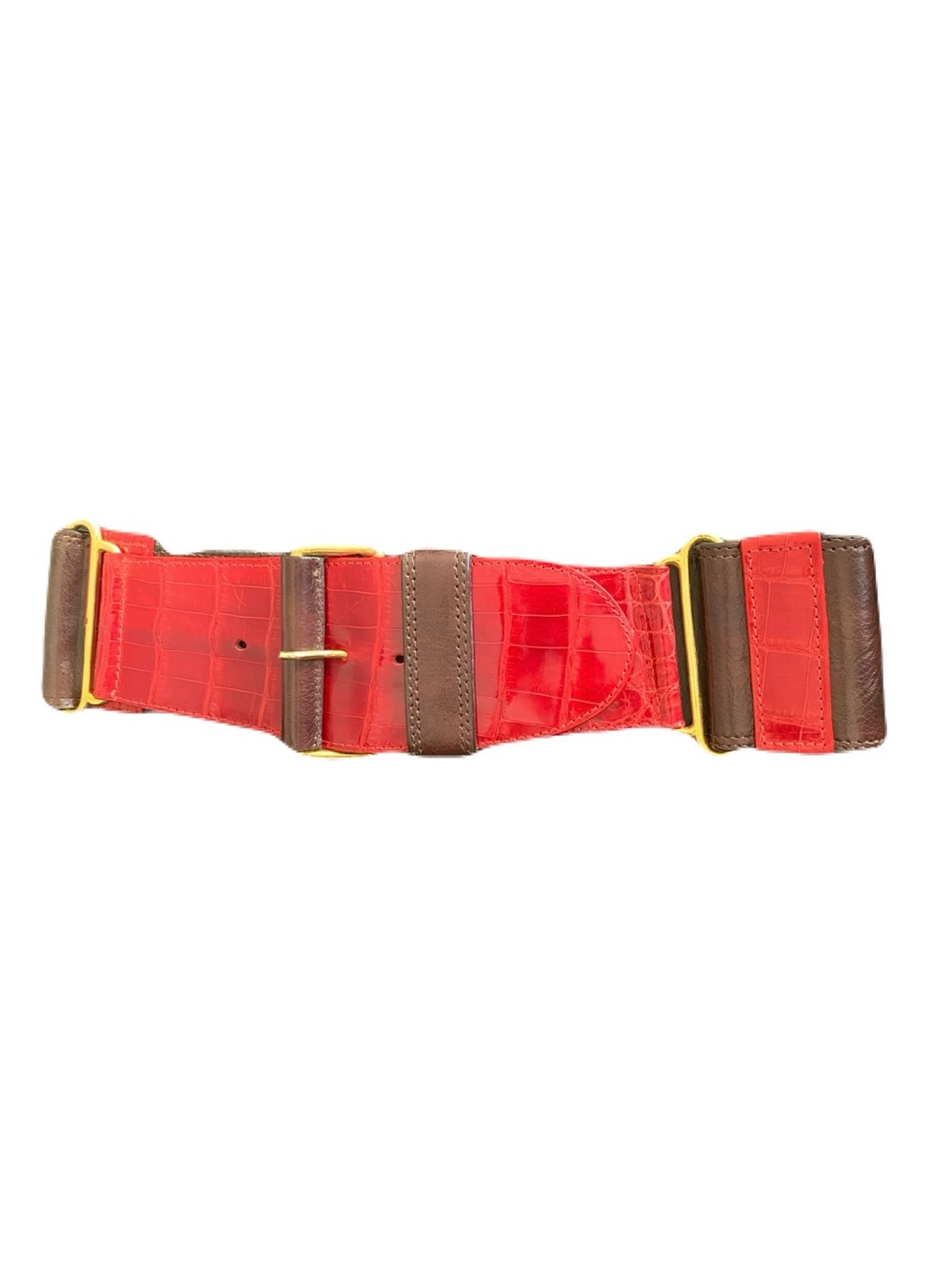 Made in USA Shiny Glazed Red Alligator Brown Leather XXS/XS Wide Ladies Belt